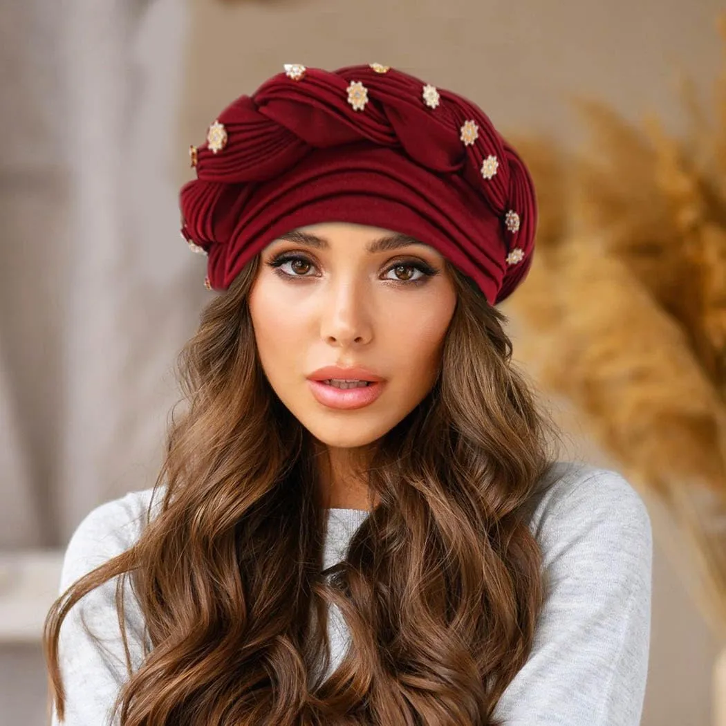 Woeoe Women African Turban Pre-Tied Twisted Beanie Cap Headwear Rhinestone Soft Stretchy Head Turbans