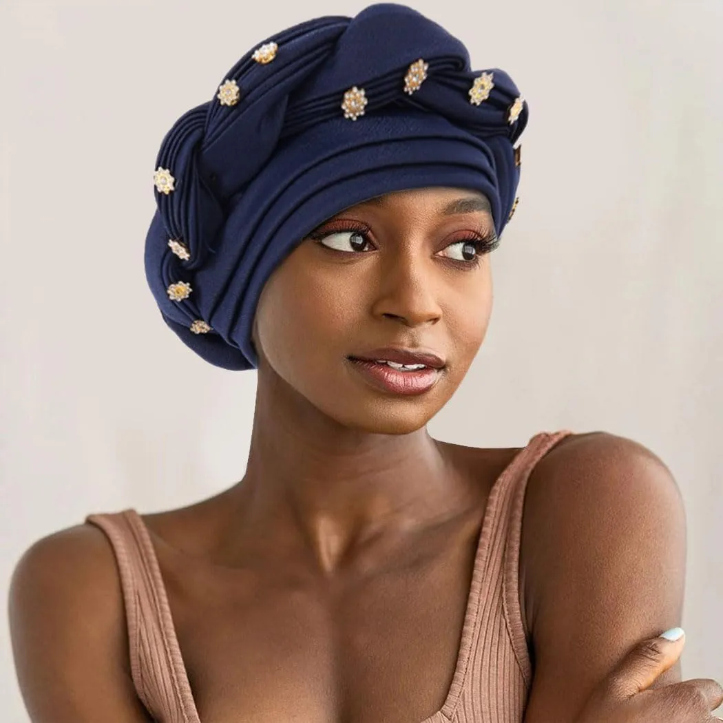 Woeoe Women African Turban Pre-Tied Twisted Beanie Cap Headwear Rhinestone Soft Stretchy Head Turbans