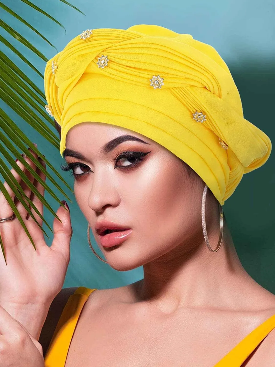 Woeoe Women African Turban Pre-Tied Twisted Beanie Cap Headwear Rhinestone Soft Stretchy Head Turbans