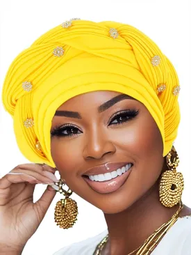 Woeoe Women African Turban Pre-Tied Twisted Beanie Cap Headwear Rhinestone Soft Stretchy Head Turbans