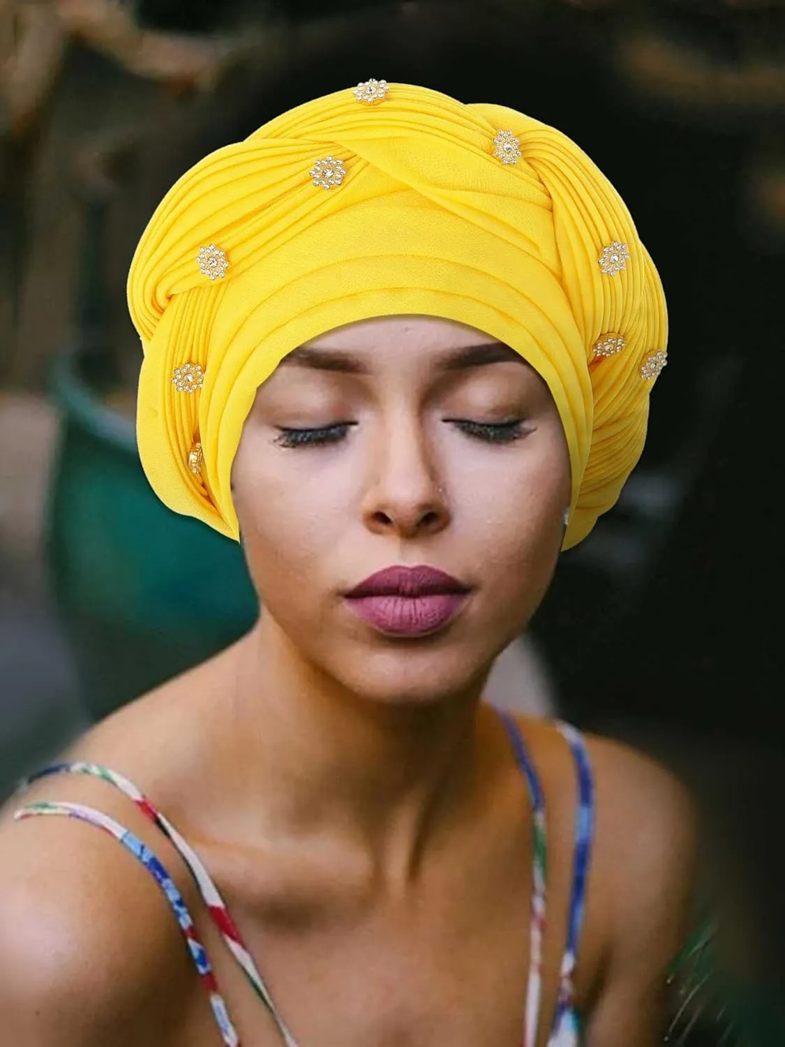 Woeoe Women African Turban Pre-Tied Twisted Beanie Cap Headwear Rhinestone Soft Stretchy Head Turbans