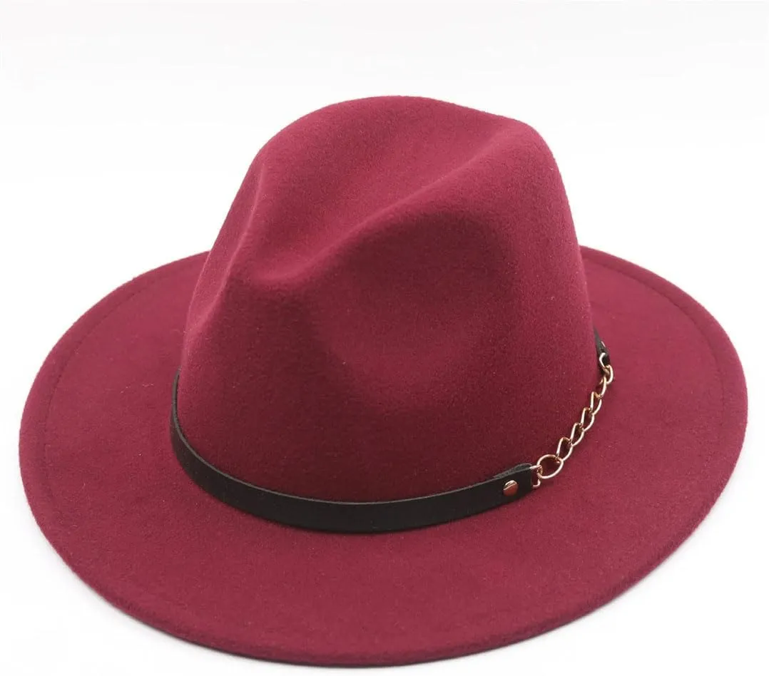 Women Solid Color Fedora Hats with Chain Belt Wide Brim Men Party Jazz Hat
