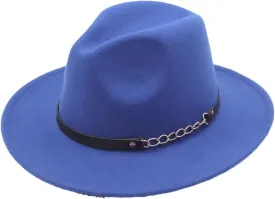 Women Solid Color Fedora Hats with Chain Belt Wide Brim Men Party Jazz Hat