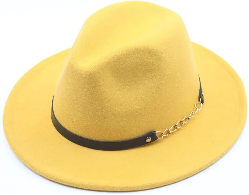 Women Solid Color Fedora Hats with Chain Belt Wide Brim Men Party Jazz Hat