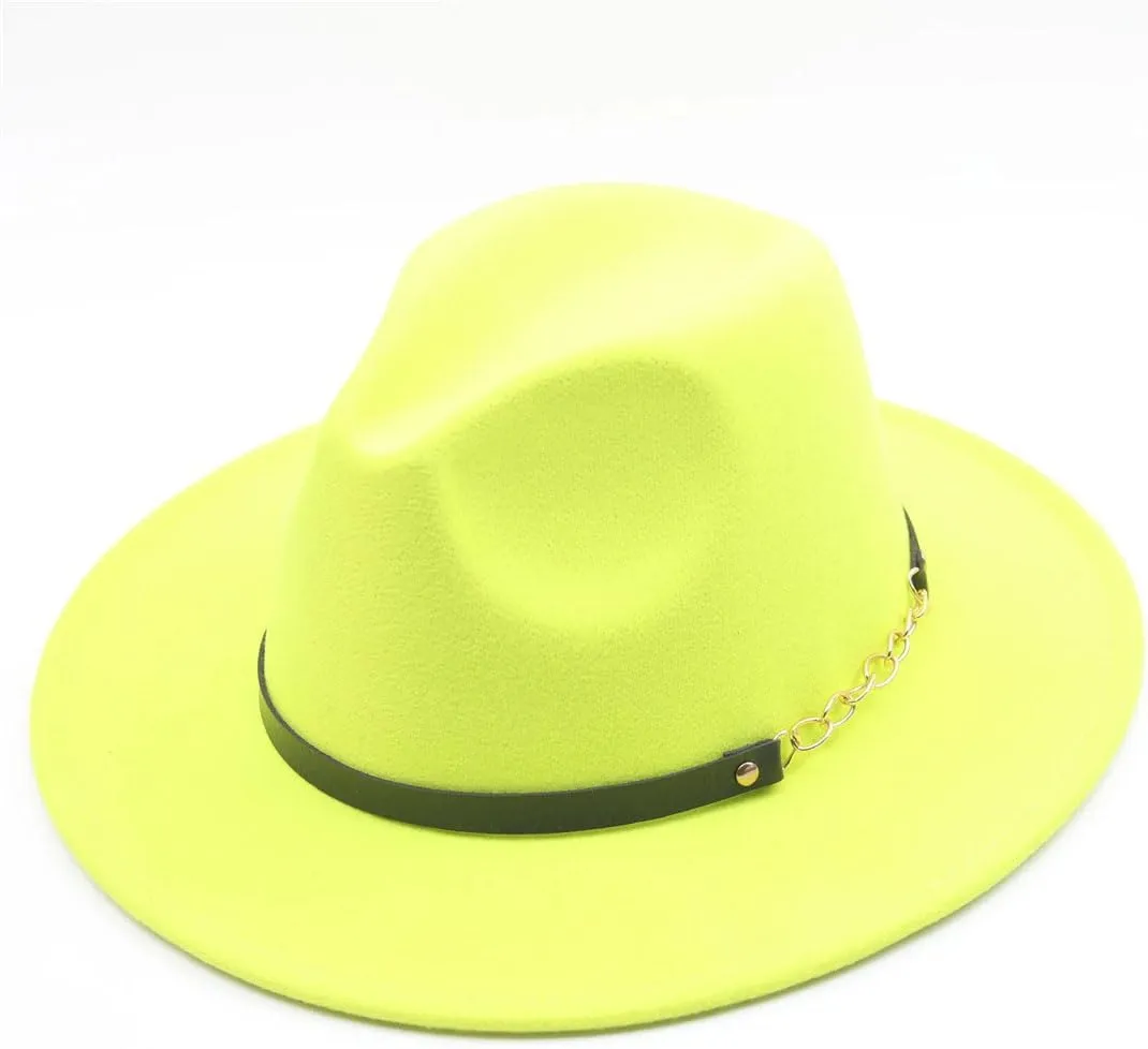 Women Solid Color Fedora Hats with Chain Belt Wide Brim Men Party Jazz Hat