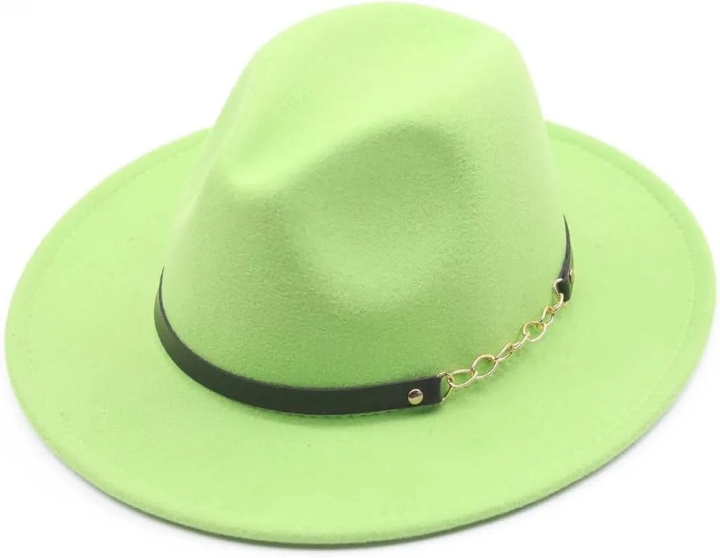 Women Solid Color Fedora Hats with Chain Belt Wide Brim Men Party Jazz Hat