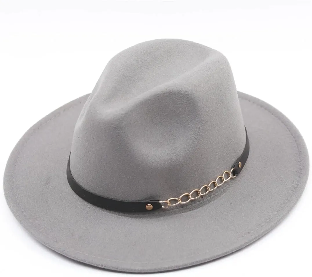 Women Solid Color Fedora Hats with Chain Belt Wide Brim Men Party Jazz Hat