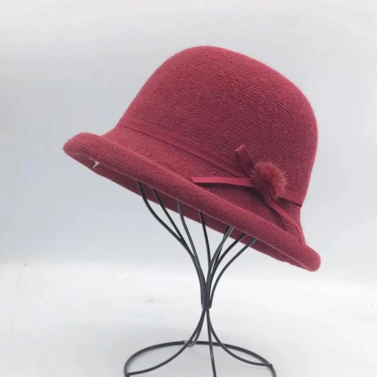 Womens Winter Church 1920s Bowler Bucket Hat Vintage Felt Cloche Cap Winter Floral Fedora Bow Pompom Bowler Hats