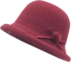 Womens Winter Church 1920s Bowler Bucket Hat Vintage Felt Cloche Cap Winter Floral Fedora Bow Pompom Bowler Hats